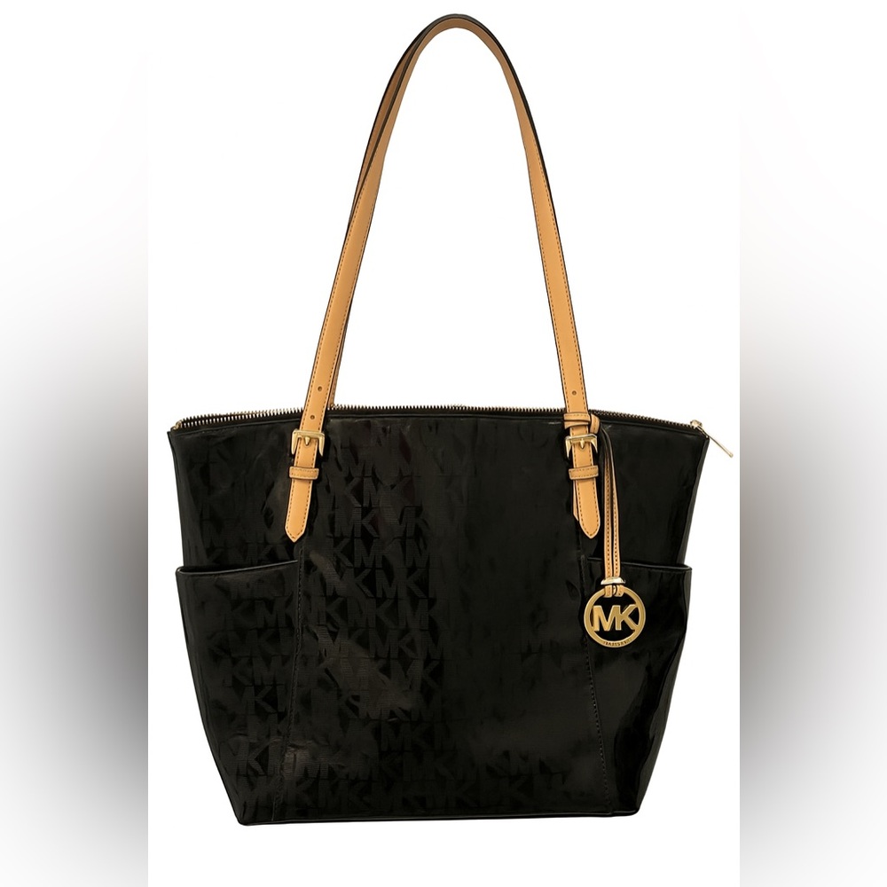 Michael Kors Shiny Black MK Tote with Camel Straps